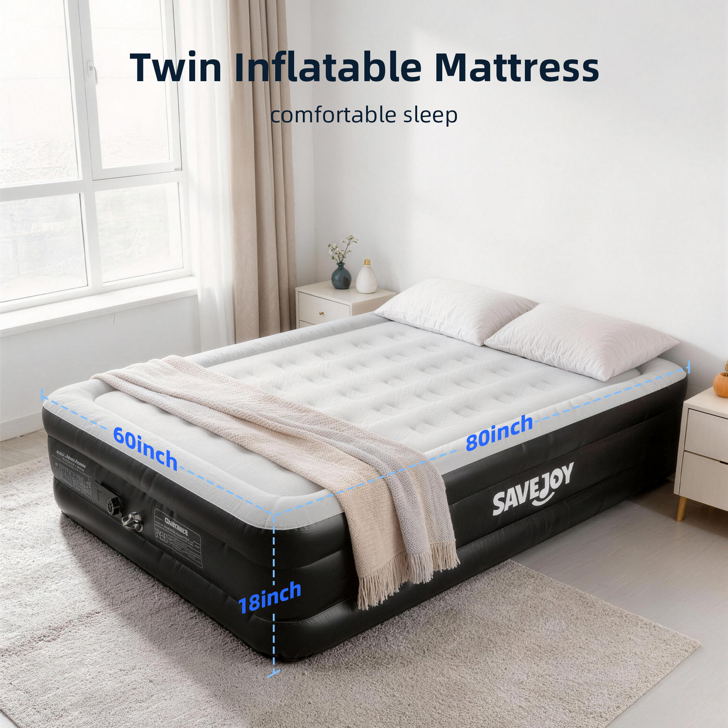 SaveJoy Queen Air Mattress with Built in Pump, 18‘’ Inflatable Mattress Blow up Air Bed for Camping, Home & Guests