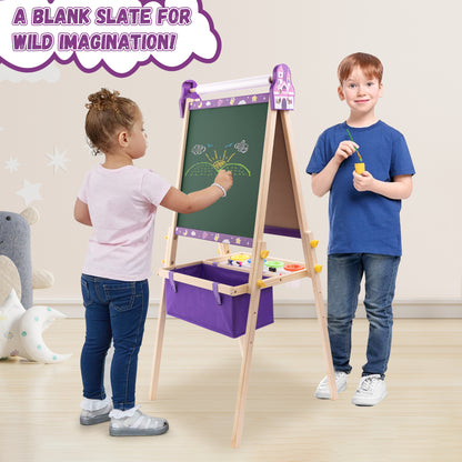 SaveJoy 3-in-1 Wooden Double Sided Kids Art Easel,Adjustable Standing Drawing Board with Accessories for Boys & Girls,Purple
