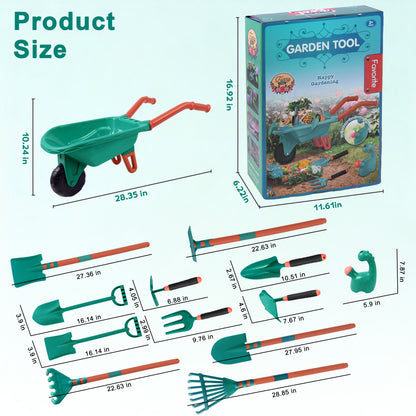SaveJoy Kids Gardening Tools Set,Toddler Garden Outdoor Toys,Kids Wheelbarrow with Watering Can,Shovel,Rake,Hoe,outdoor toys for kids Age 4-8,Green