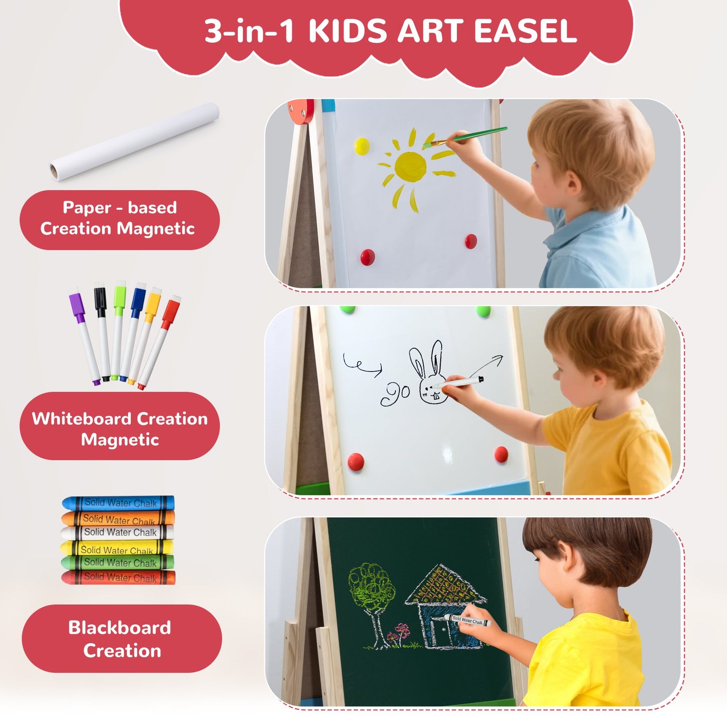 SaveJoy 3-in-1 Wooden Double Sided Kids Art Easel,Magnetic Whiteboard, Chalkboard and Paper Roll,Adjustable Standing Drawing Board with Accessories for Boys & Girls，Red