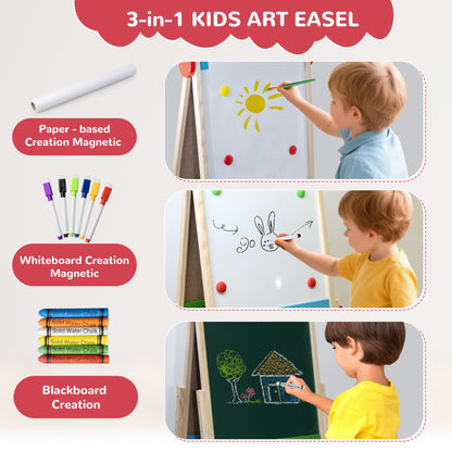 SaveJoy 3-in-1 Wooden Double Sided Kids Art Easel,Magnetic Whiteboard, Chalkboard and Paper Roll,Adjustable Standing Drawing Board with Accessories for Boys & Girls,Red