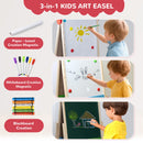 SaveJoy 3-in-1 Wooden Double Sided Kids Art Easel,Magnetic Whiteboard, Chalkboard and Paper Roll,Adjustable Standing Drawing Board with Accessories for Boys & Girls，Red