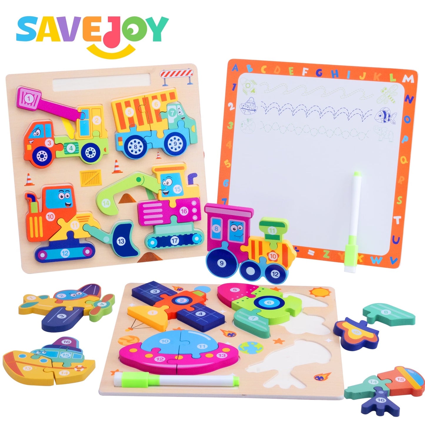 SaveJoy Wooden Animal Jigsaw Puzzle Set - 3D Smooth Surface, Rich Colors,with Drawing Board for Kids' Early Learning & Fun,3Pcs