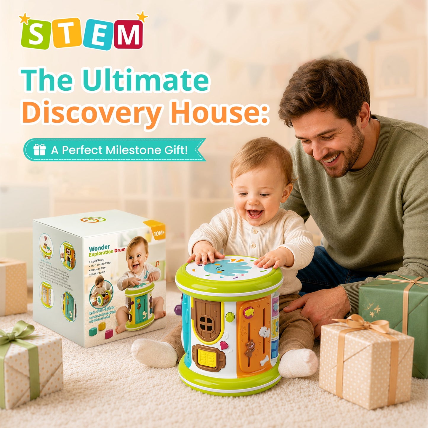 SaveJoy 6-in-1 Musical Activity Drum, Rolling Sensory Toy with Light-Up Hand Drum & Shape Sorter, Montessori Early Learning Gift for Toddlers 1-3