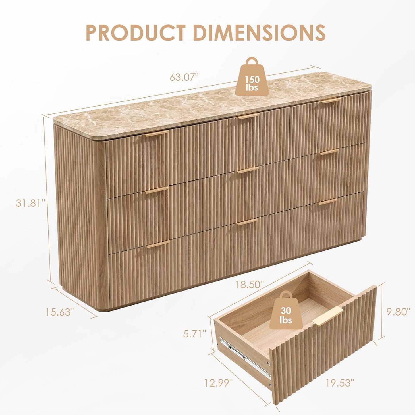 9-Drawer Modern Wood Dressers for Bedroomand Living Room, Natural Oak
