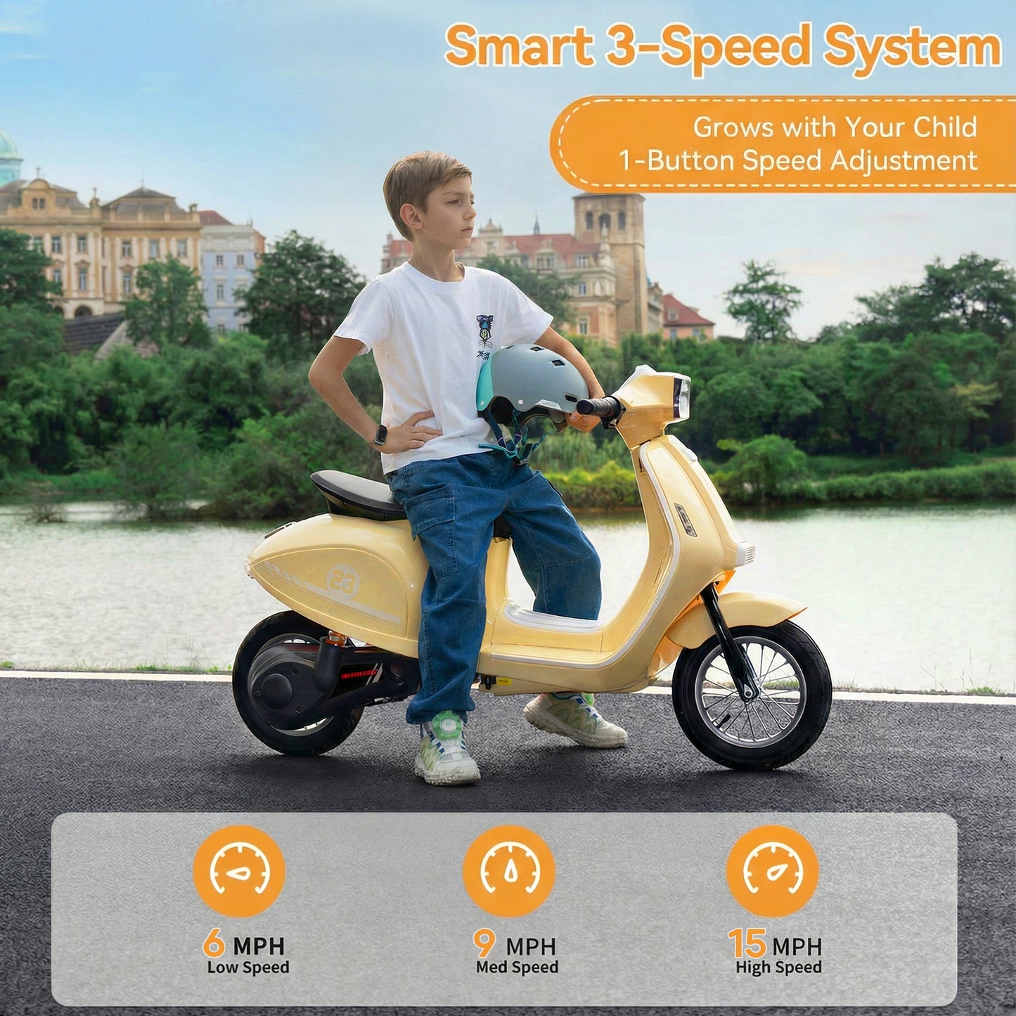 SaveJoy 24V Motorcycle for Kids Ages 8+ Retro Ride on Toys , LED Light-Up Electric Ride On Car,Durable Outdoor Gift for Boys & Girls, Beige