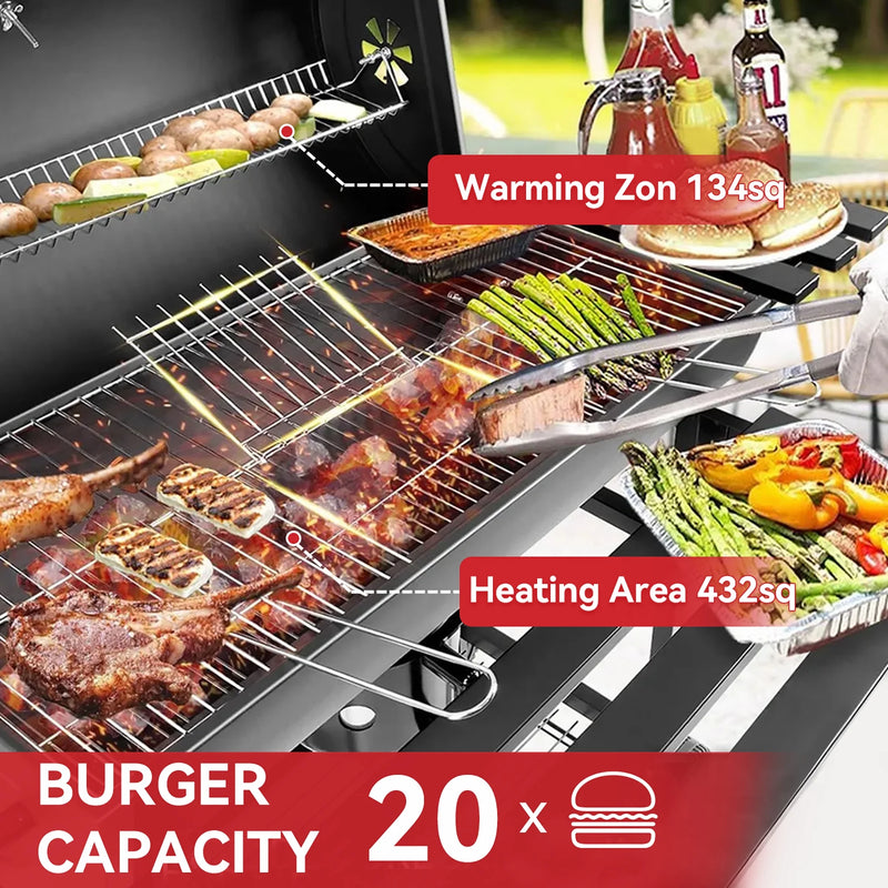 ORFELD Barbecue Grill Portable Charcoal Grill with 2 Foldable Side Tables, Outdoor BBQ with Bottom Storage Shelf