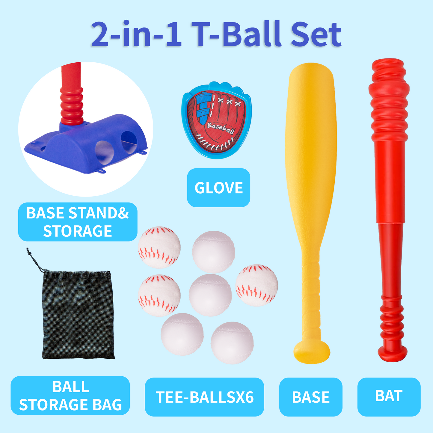SaveJoy 2-in-1 T-Ball Set and Toss Game for Kids, Toddler Baseball Set for Age 1-3-6 Boys Girls, Outdoor Toys Toss and Catch Ball with 7 Balls