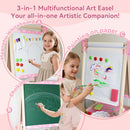 SaveJoy 3-in-1 Wooden Double Sided Kids Art Easel,Magnetic Whiteboard, Chalkboard and Paper Roll,Adjustable Standing Drawing Board with Accessories for Boys & Girls，Pink