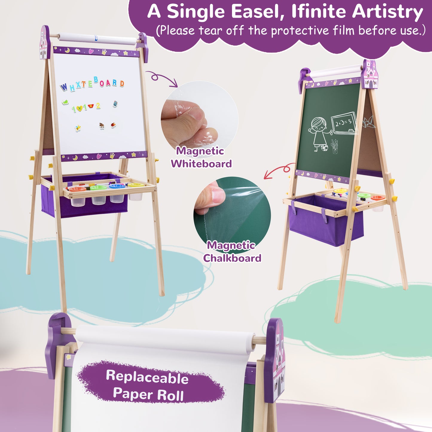 SaveJoy 3-in-1 Wooden Double Sided Kids Art Easel,Adjustable Standing Drawing Board with Accessories for Boys & Girls,Purple