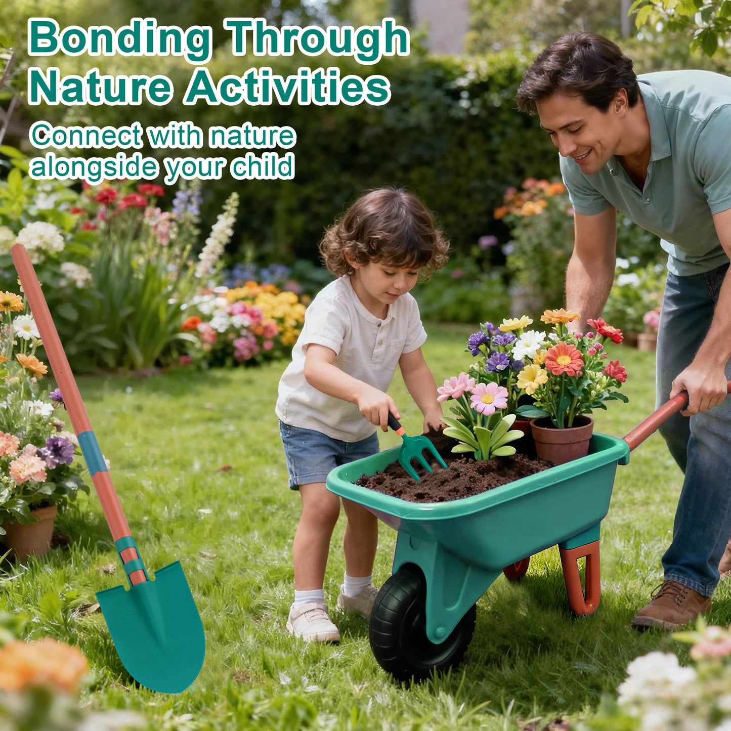 SaveJoy Kids Gardening Tools Set,Toddler Garden Outdoor Toys,Kids Wheelbarrow with Watering Can,Shovel,Rake,Hoe,outdoor toys for kids Age 4-8,Green