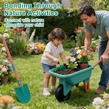 SaveJoy Kids Gardening Tools Set,Toddler Garden Outdoor Toys,Kids Wheelbarrow with Watering Can,Shovel,Rake,Hoe,outdoor toys for kids Age 4-8,Green