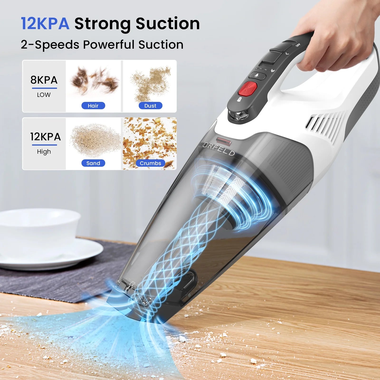 ORFELD Handheld Cordless Vacuum, Lightweight and Portable Vacuum Cleaner with 8.5Kpa Cyclonic Suction, Multi-Surface, for Home and Car