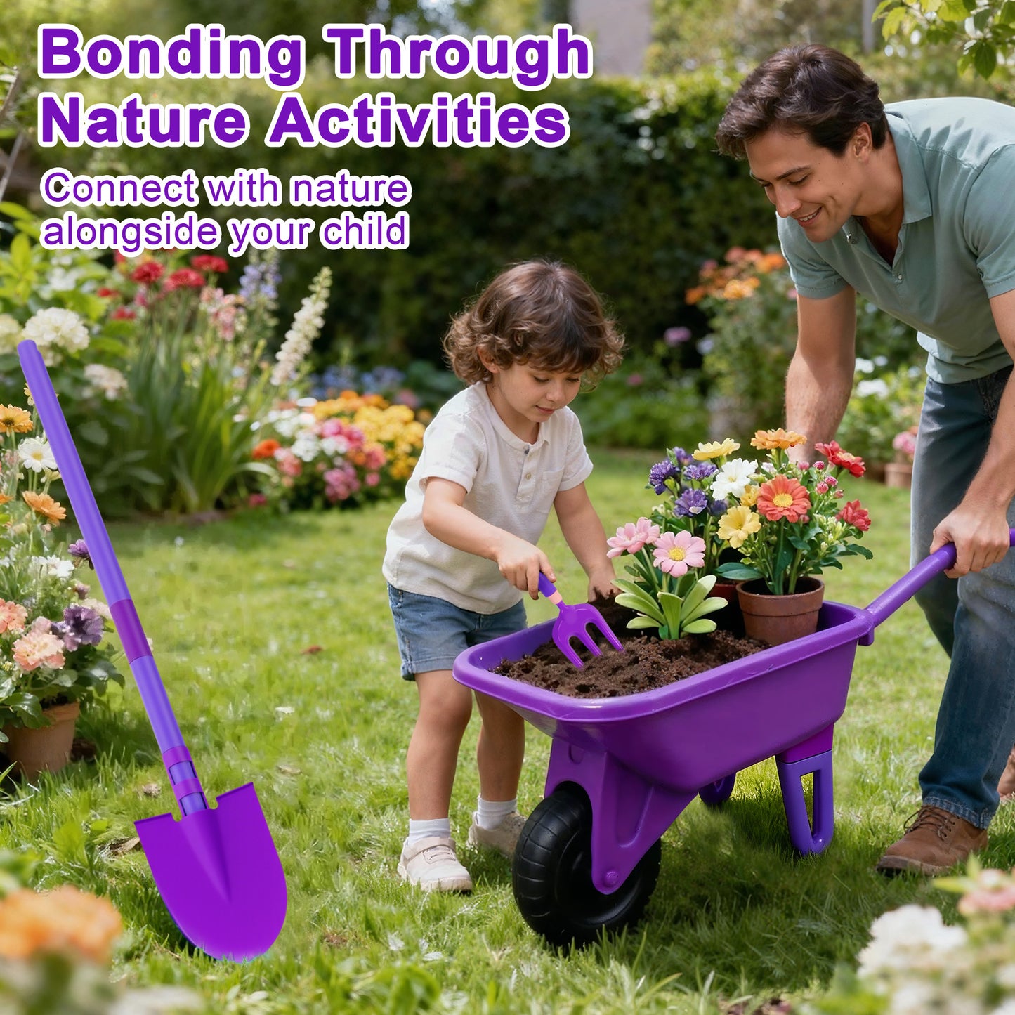 SaveJoy Kids Gardening Tools Set,Toddler Garden Outdoor Toys,Kids Wheelbarrow with Watering Can,Shovel,Rake,Hoe,outdoor toys for kids Age 4-8,Purple