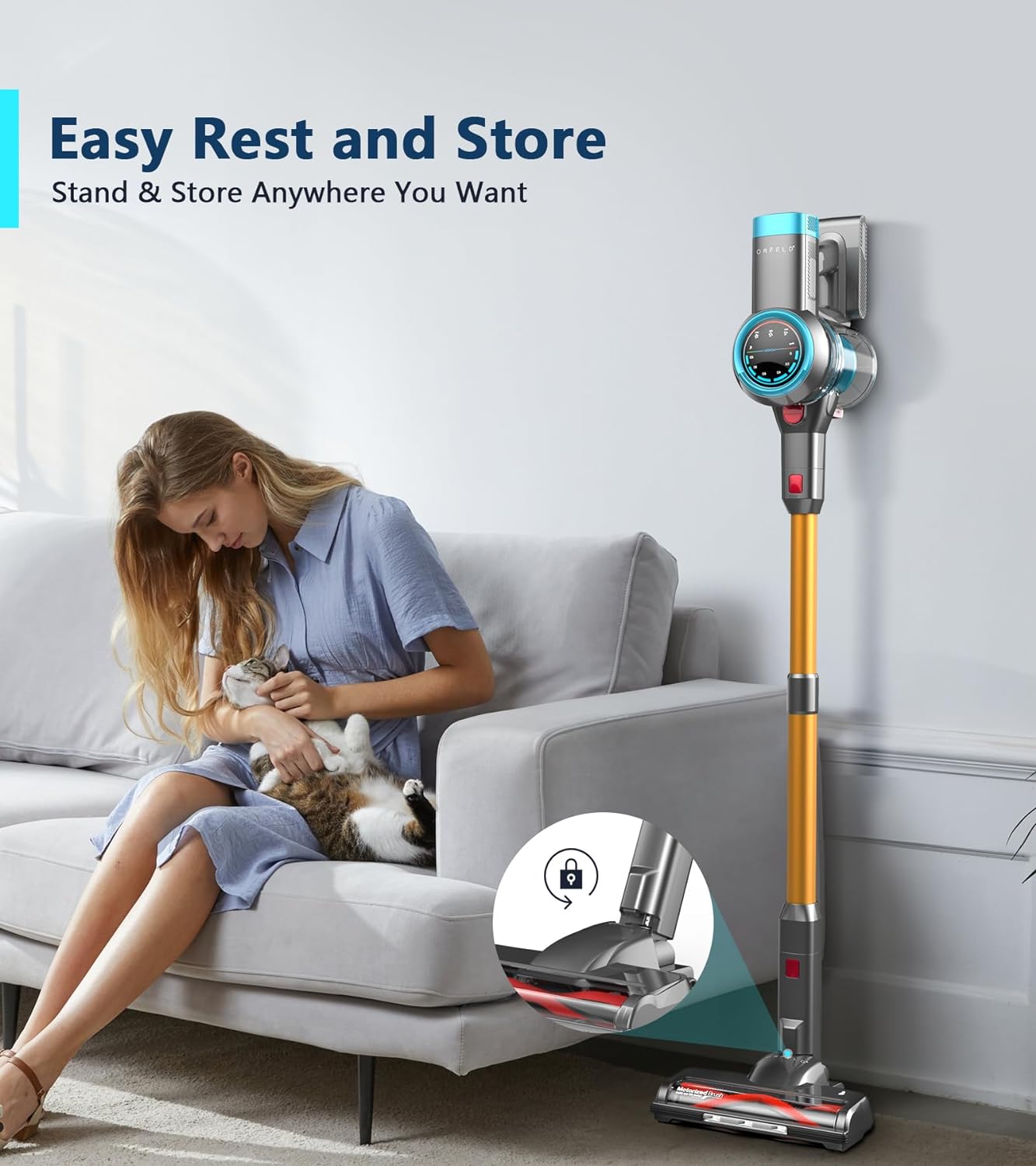 ORFELD Cordless Vacuum Cleaner, 450W/35Kpa Stick Vacuum with Self-Standing, Max 60Mins Runtime, Vacuum Cleaners for Home with LED Display, 6 in 1 Cordless Vacuum for Carpet Hardwood Floor Pet Hair