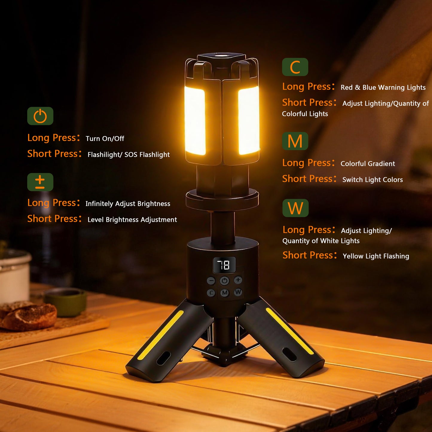 SaveJoy Rechargeable Camping Light, Outdoor Work Light LED Flashlight with 8 Modes, Foldable Working Lantern with Detachable Tripod for Camping Hiking