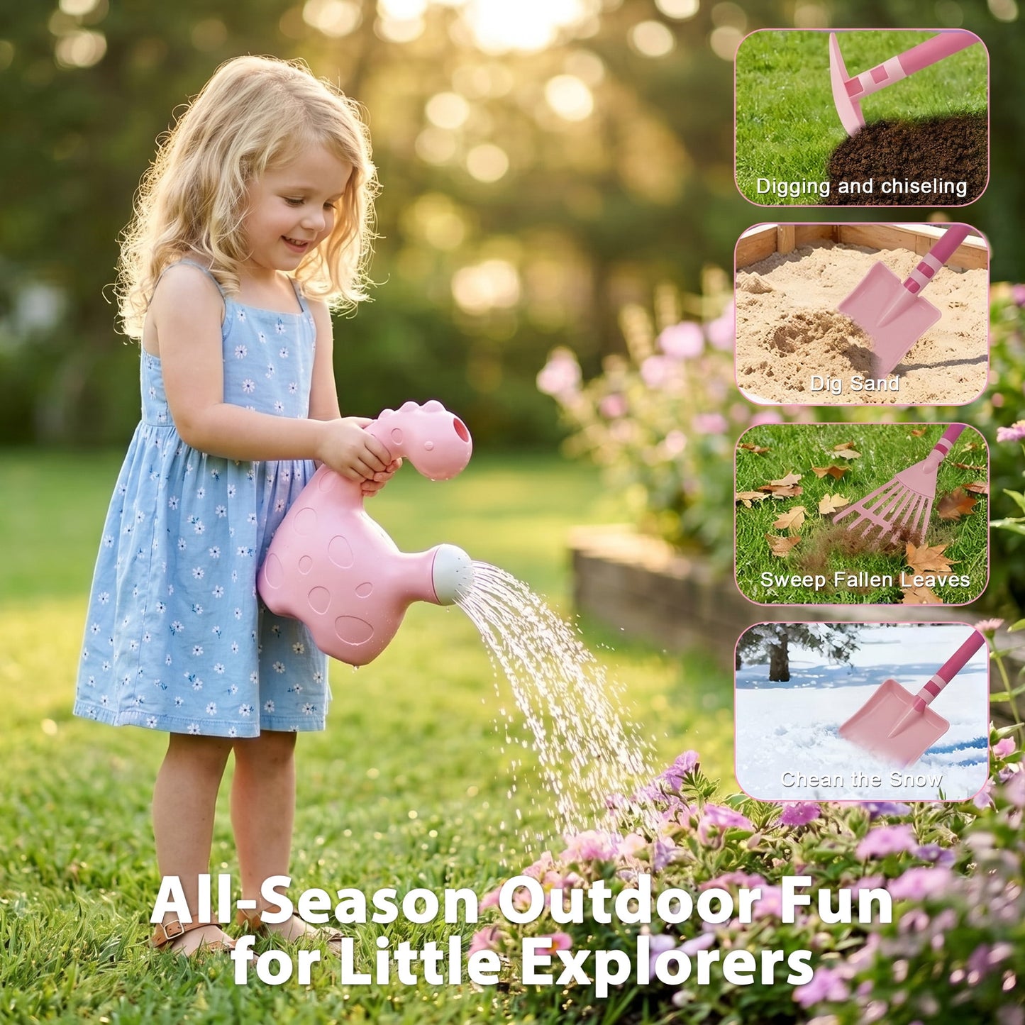 SaveJoy Kids Gardening Tools Set, Pink Toddler Garden Outdoor Toys, Kids Wheelbarrow with Watering Can, Shovel, Rake, Hoe, Outdoor Toys for Kids Age 4-8，Pink