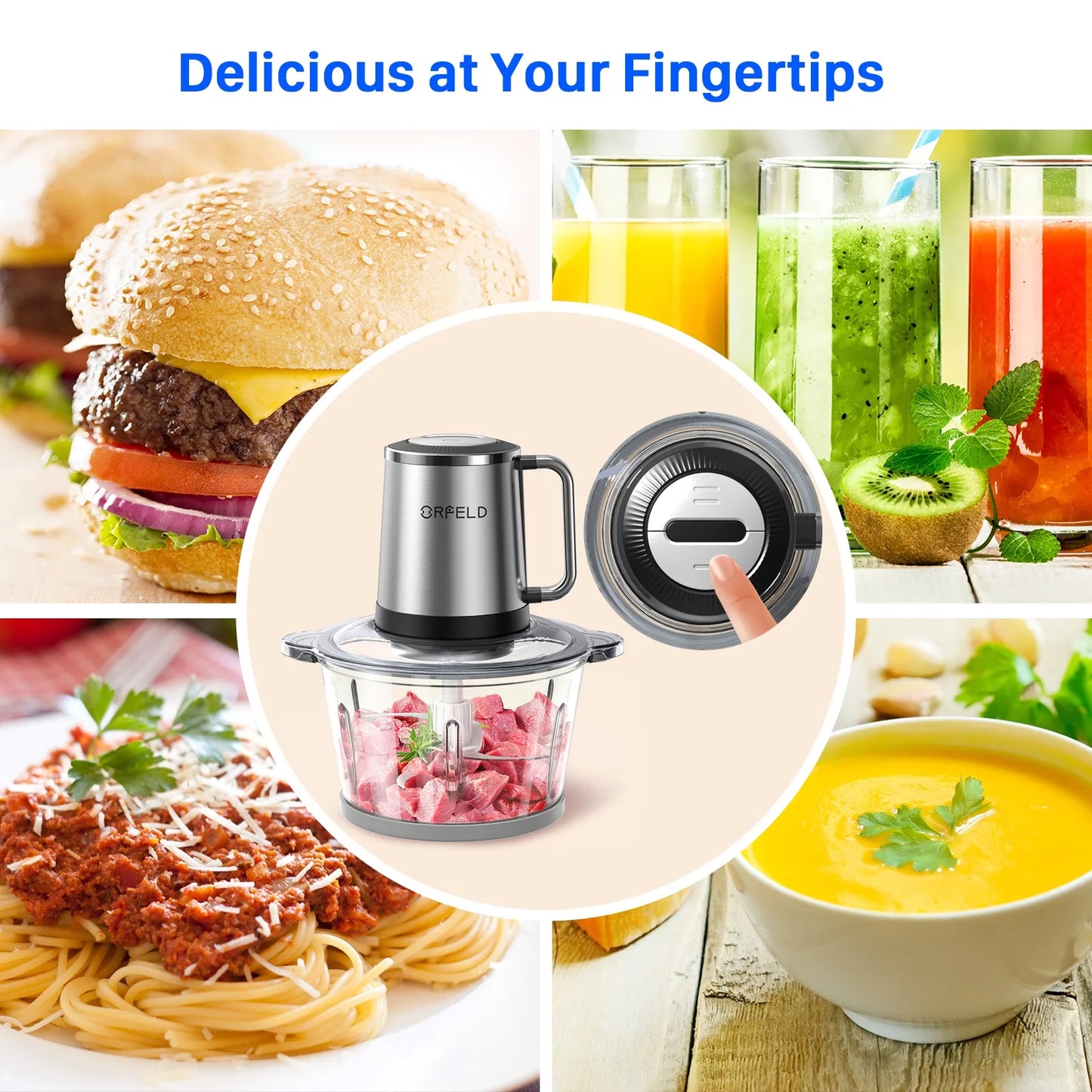 ORFELD Meat Grinder Electric Food Chopper, 2 Speeds Meat Chopper 8 Cup Food Processor New, Silver