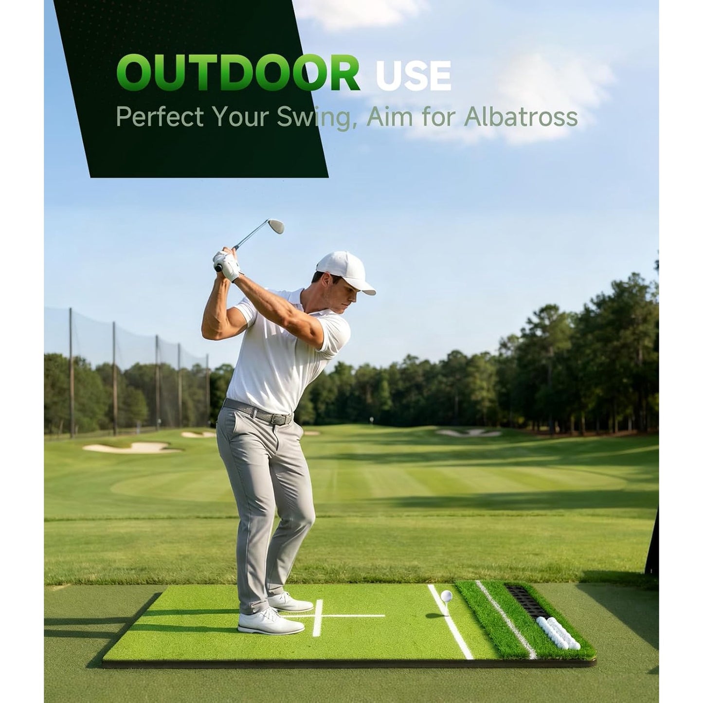 ORFELD 5.2x4ft Golf Hitting Mat with 10 Hitting Holes, Dual Turf Golf Putting Mat with Ball Tray, Alignment Aid Practice Mat Putting Green for Indoor & Outdoor