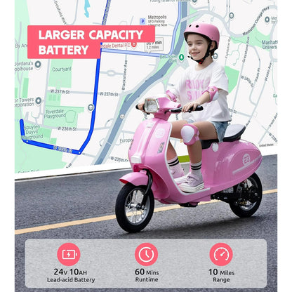 SaveJoy Kids Motorcycle 24V Retro Ride on Toys for Ages 8+, 15 mph LED Light up Electric Ride On Car,Durable Outdoor Gift for Boys & Girls,Pink