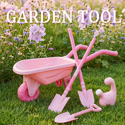 SaveJoy Kids Gardening Tools Set, Pink Toddler Garden Outdoor Toys, Kids Wheelbarrow with Watering Can, Shovel, Rake, Hoe, Outdoor Toys for Kids Age 4-8，Pink