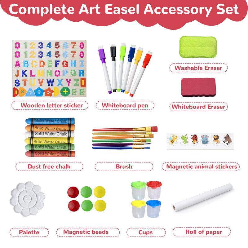 SaveJoy 3-in-1 Wooden Double Sided Kids Art Easel,Magnetic Whiteboard, Chalkboard and Paper Roll,Adjustable Standing Drawing Board with Accessories for Boys & Girls，Red