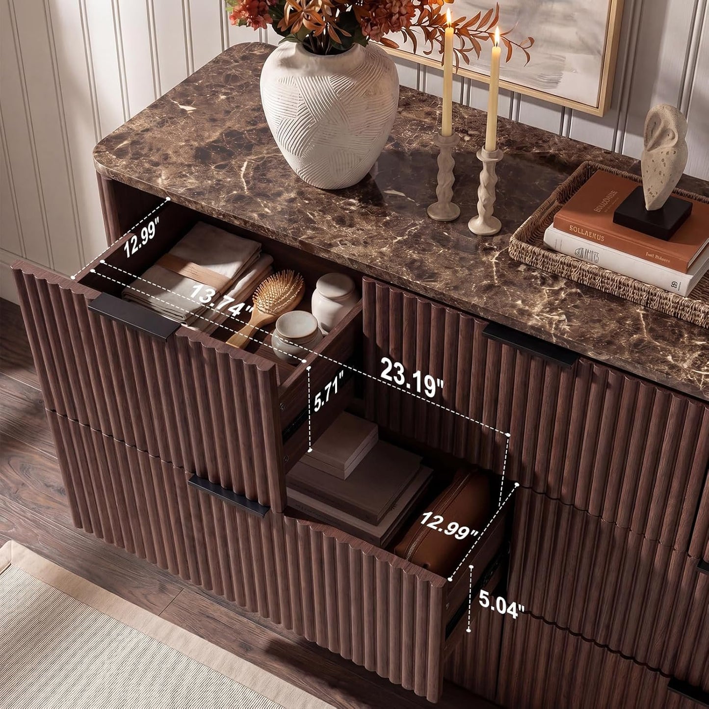 54.5" Wide 7 Drawer Dresser for Bedroom, Faux Marble Top Walnut Storage Cabinet with 2" Thick Side Board