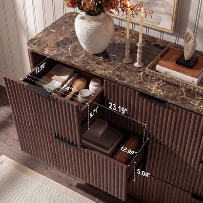 54.5" Wide 7 Drawer Dresser for Bedroom, Faux Marble Top Walnut Storage Cabinet with 2" Thick Side Board