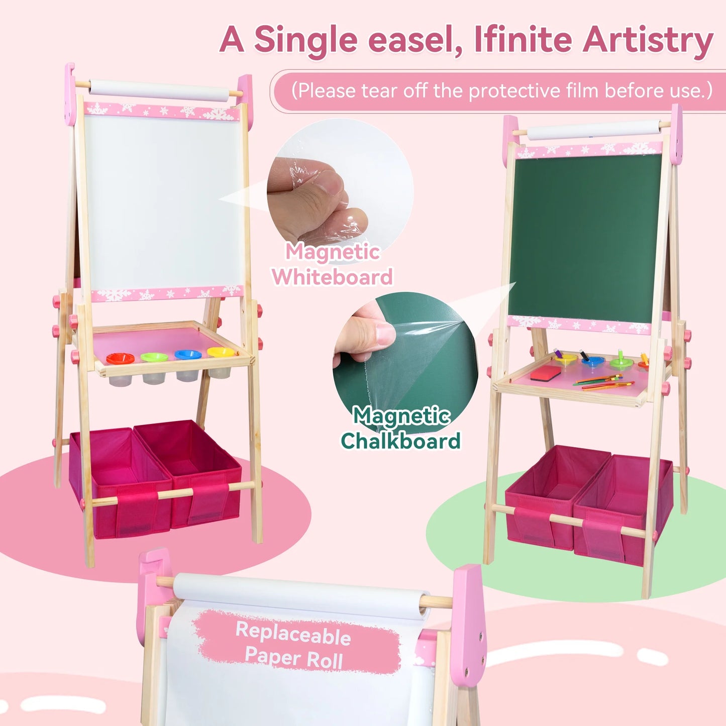 SaveJoy 3-in-1 Wooden Double Sided Kids Art Easel,Magnetic Whiteboard, Chalkboard and Paper Roll,Adjustable Standing Drawing Board with Accessories for Boys & Girls，Pink