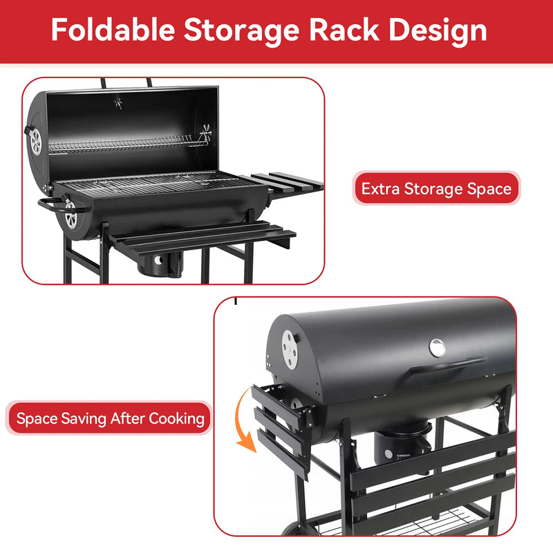 ORFELD Barbecue Grill Portable Charcoal Grill with 2 Foldable Side Tables, Outdoor BBQ with Bottom Storage Shelf