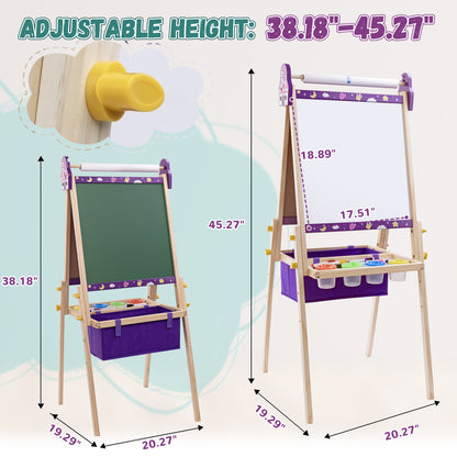 SaveJoy 3-in-1 Wooden Double Sided Kids Art Easel,Adjustable Standing Drawing Board with Accessories for Boys & Girls,Purple