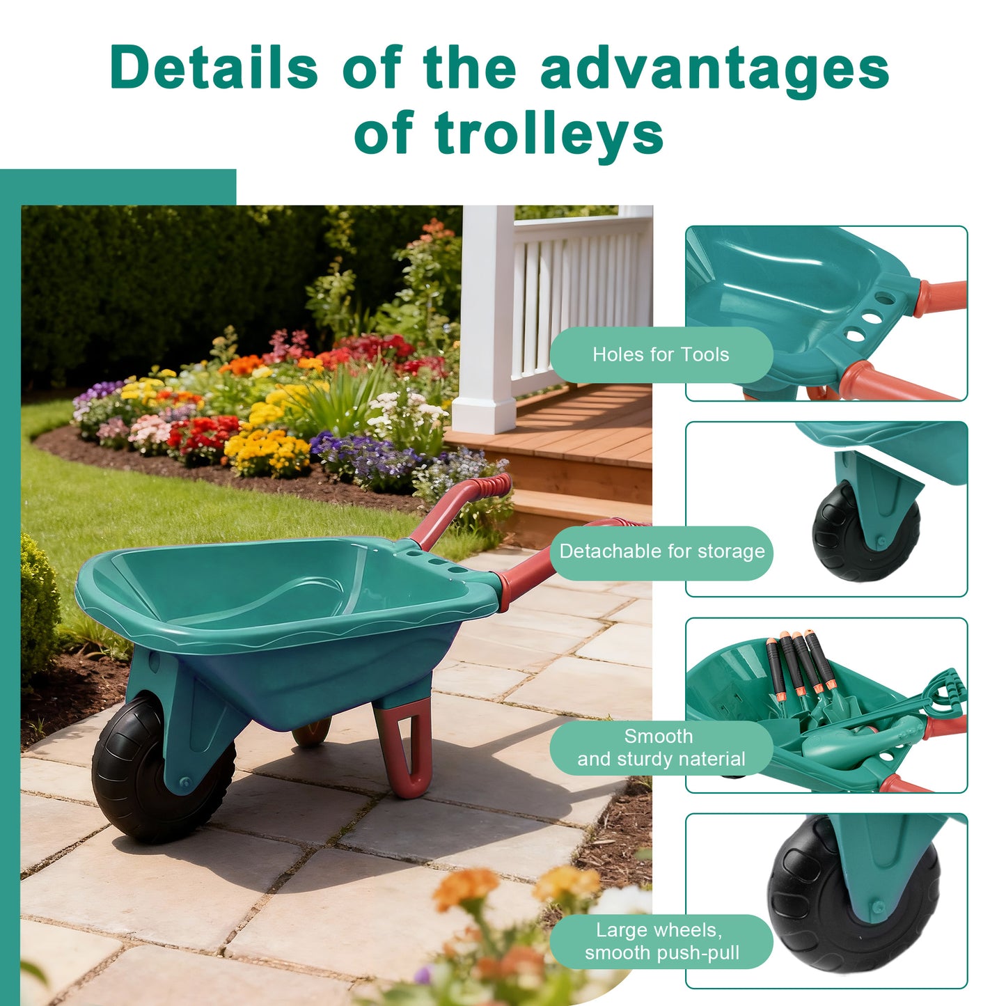 SaveJoy Kids Gardening Tools Set,Toddler Garden Outdoor Toys,Kids Wheelbarrow with Watering Can,Shovel,Rake,Hoe,outdoor toys for kids Age 4-8,Green