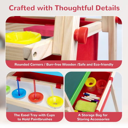 SaveJoy 3-in-1 Wooden Double Sided Kids Art Easel,Magnetic Whiteboard, Chalkboard and Paper Roll,Adjustable Standing Drawing Board with Accessories for Boys & Girls,Red
