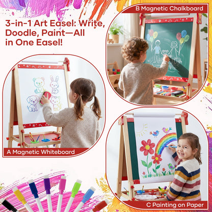 SaveJoy Kids Easel,Reindeer Adjustable Double-Sided Whiteboard,Wooden Toddlers Drawing Chalkboard with Paper & Art Supplies for 3-8 Boys Girls