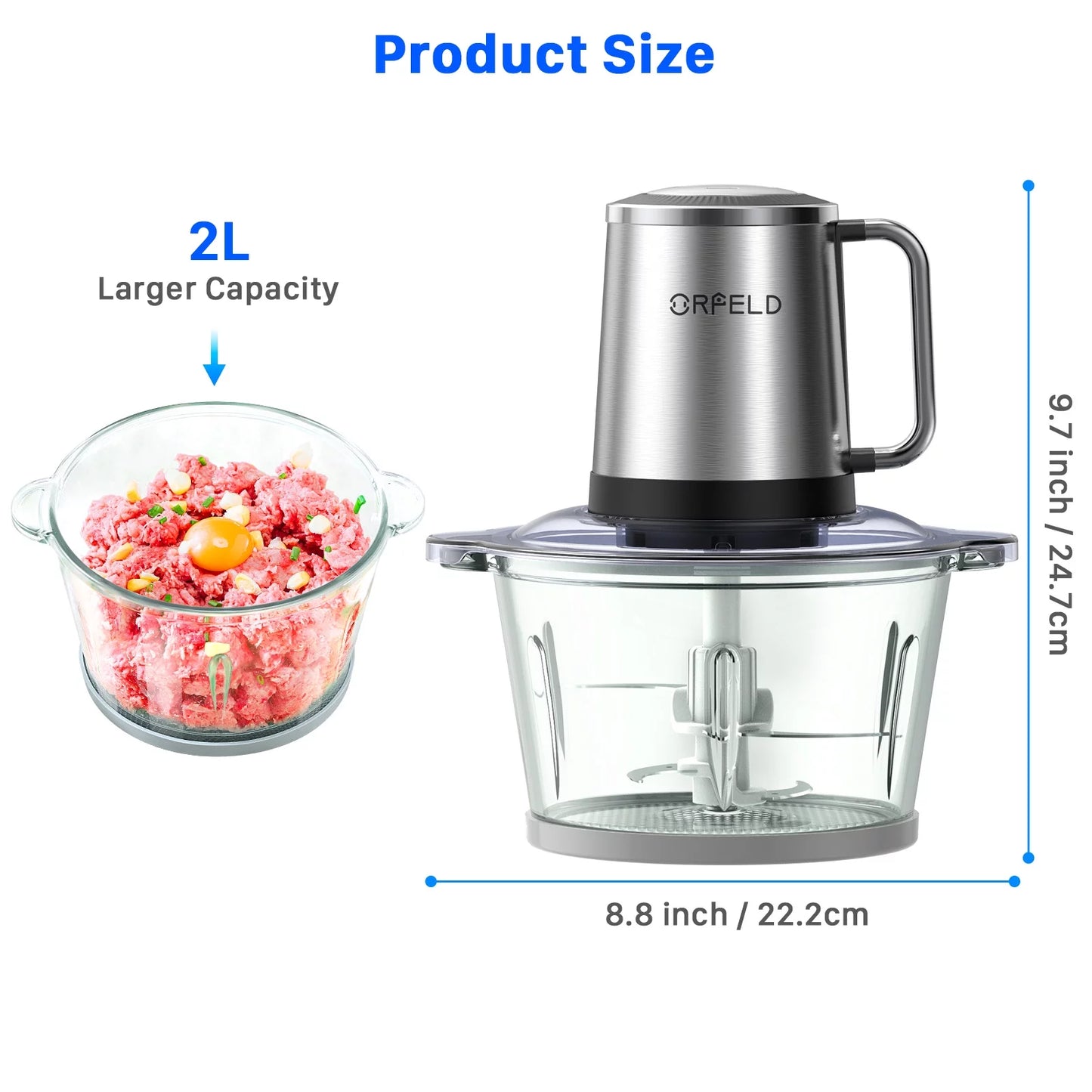 ORFELD Meat Grinder Electric Food Chopper, 2 Speeds Meat Chopper 8 Cup Food Processor New, Silver