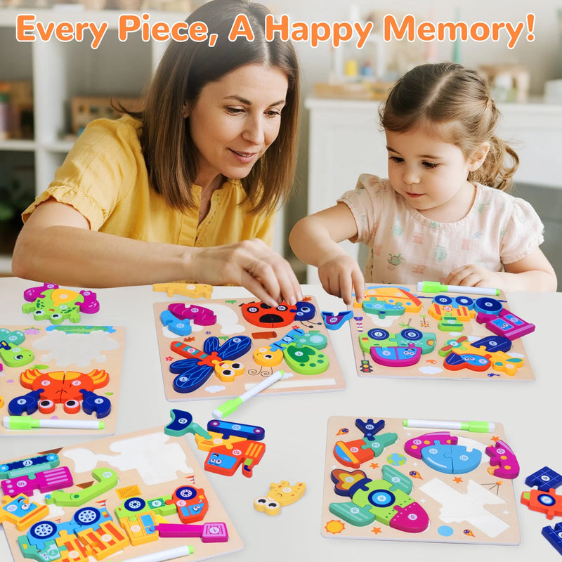 SaveJoy Wooden Animal Jigsaw Puzzle Set - 3D Smooth Surface, Rich Colors,with Drawing Board for Kids' Early Learning & Fun,3Pcs