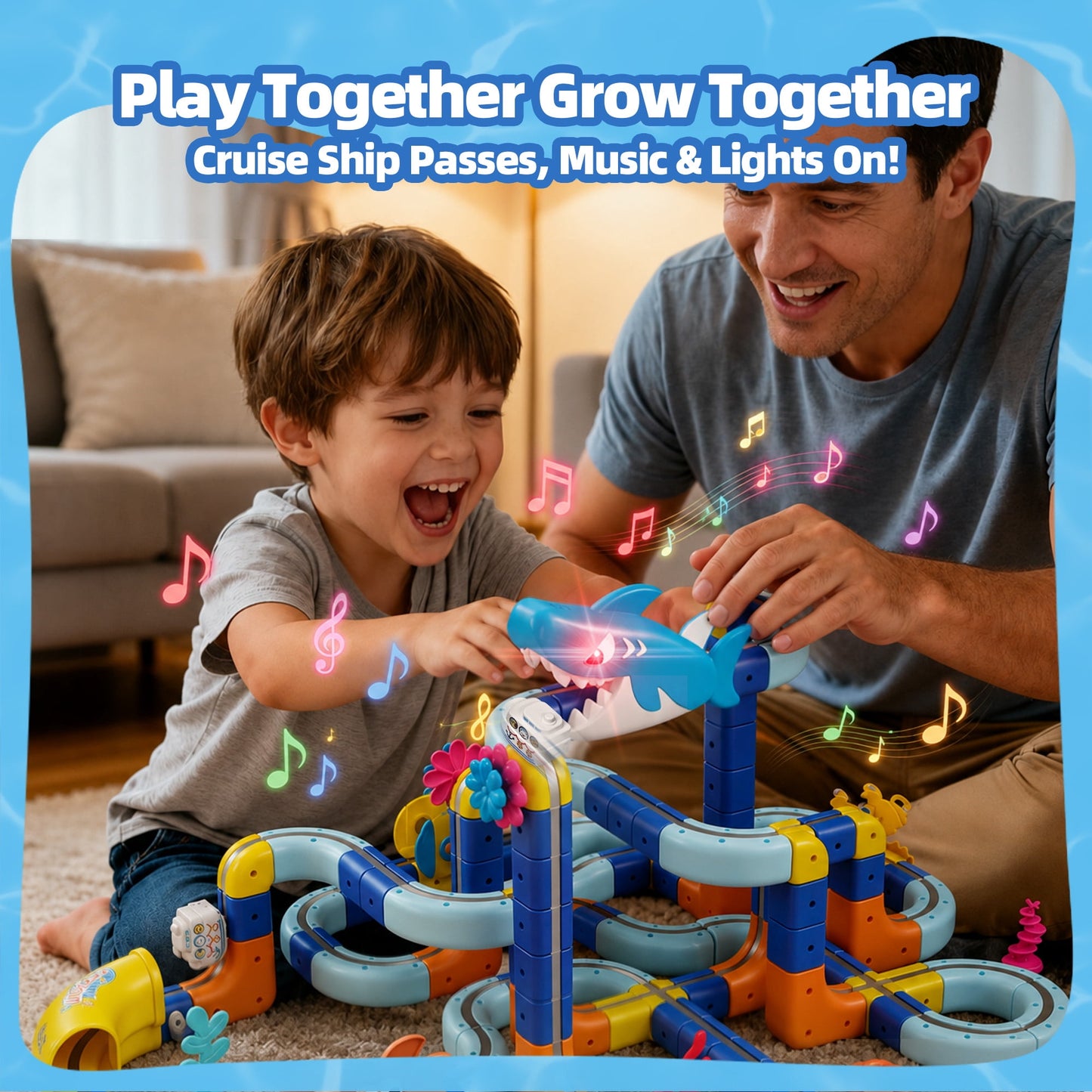 SaveJoy 193PCS Ocean Theme Track Race Car Set,STEM Building Toy with Electric Vehicle, DIY Construction Train Set for Boys Girls Ages 3-12