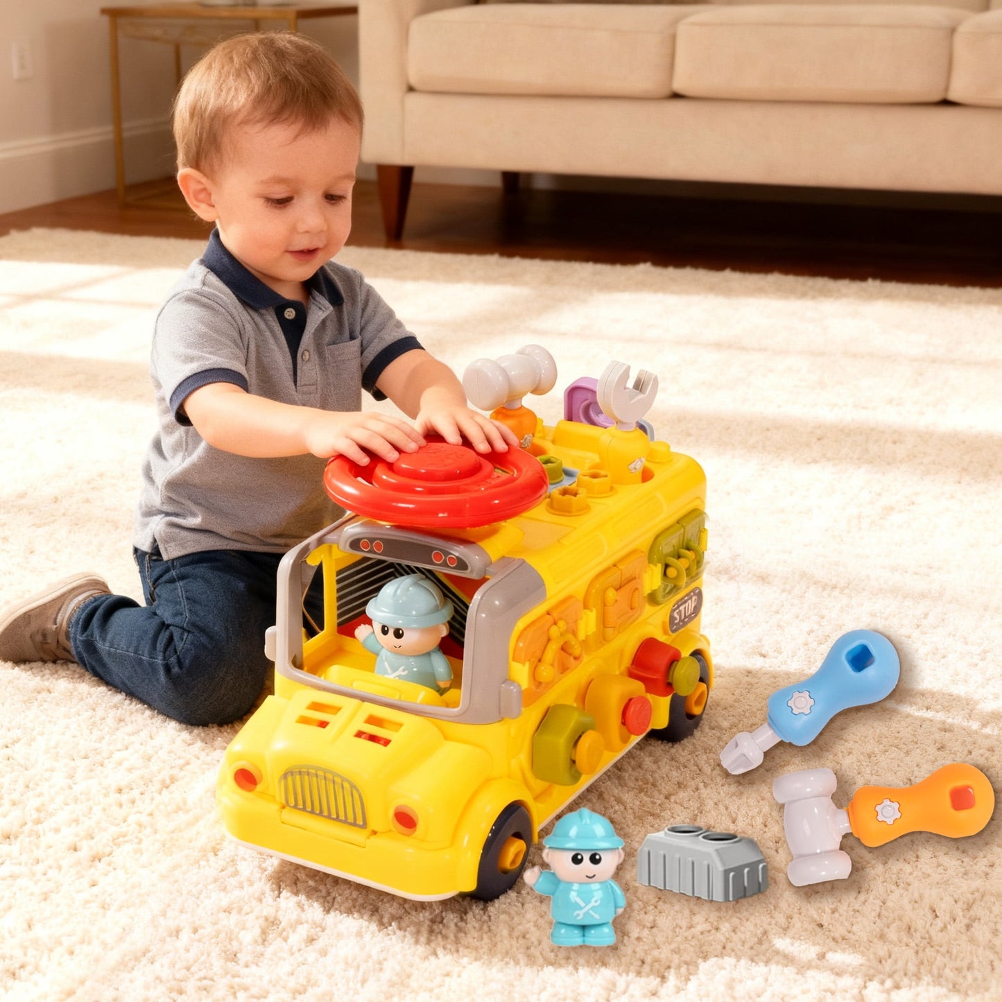 SaveJoy Baby Learning Toy Bus,Assemble Busy Toys Construction Building Vehicle,Engineering Truck Educational Gift for Kids Age 3＋