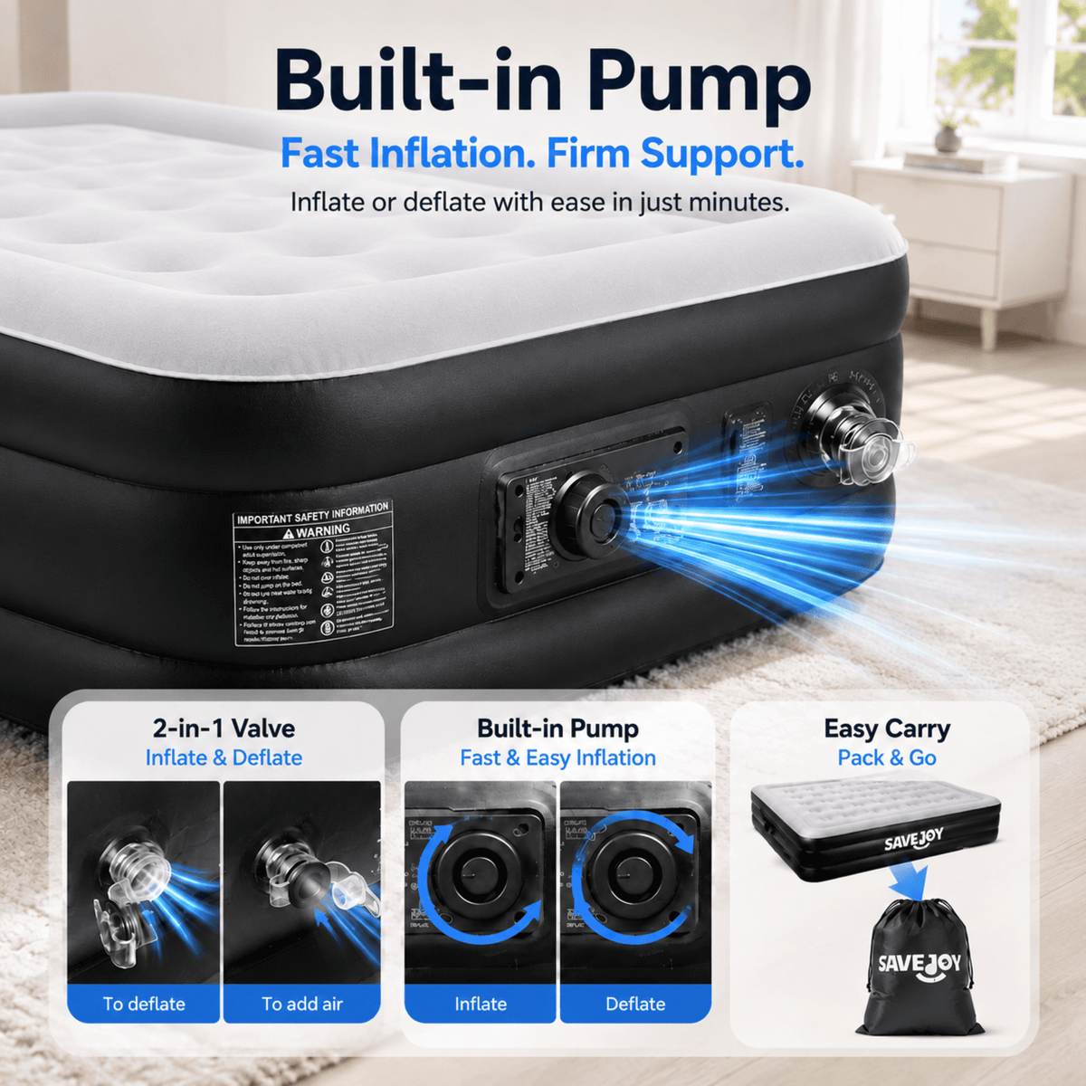 SaveJoy 18" Twin Air Mattress with Built-in Pump, Premium Blow Up Bed for Home, Overnight Guests & Indoor Camping, Soft Flocked Top Inflatable Mattress
