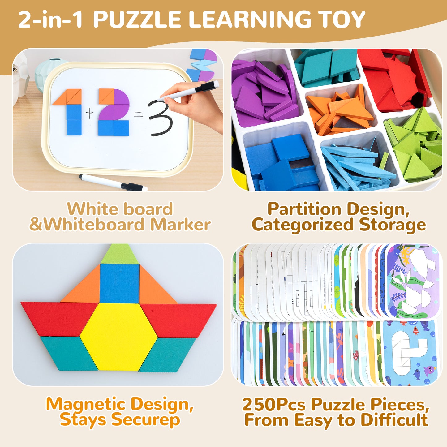 SaveJoy Magnetic Tangram Puzzle Learning Toys with Pen, 250PCS Montessori Pattern Blocks Set for Toddlers 4-8, Educational Stem Gift for Kids