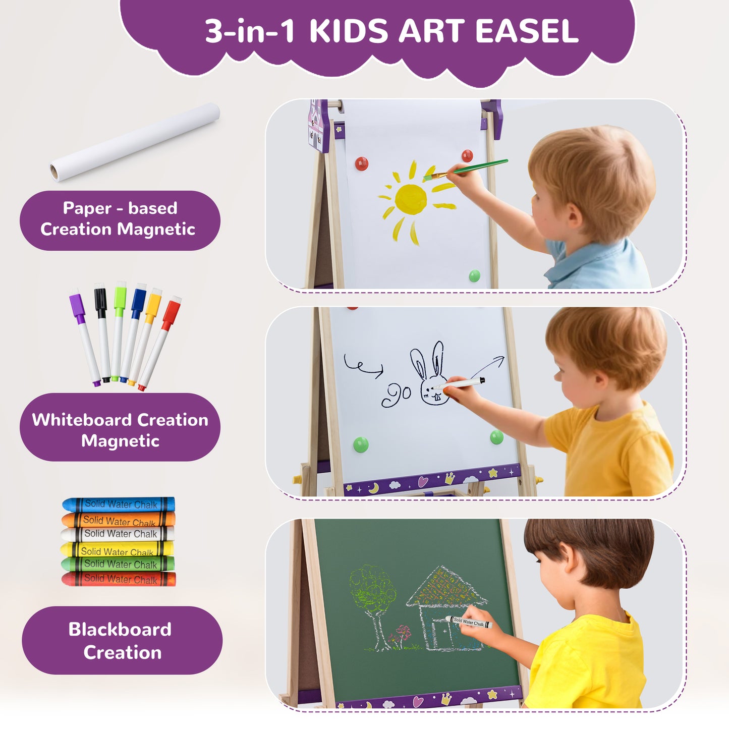 SaveJoy 3-in-1 Wooden Double Sided Kids Art Easel,Adjustable Standing Drawing Board with Accessories for Boys & Girls,Purple