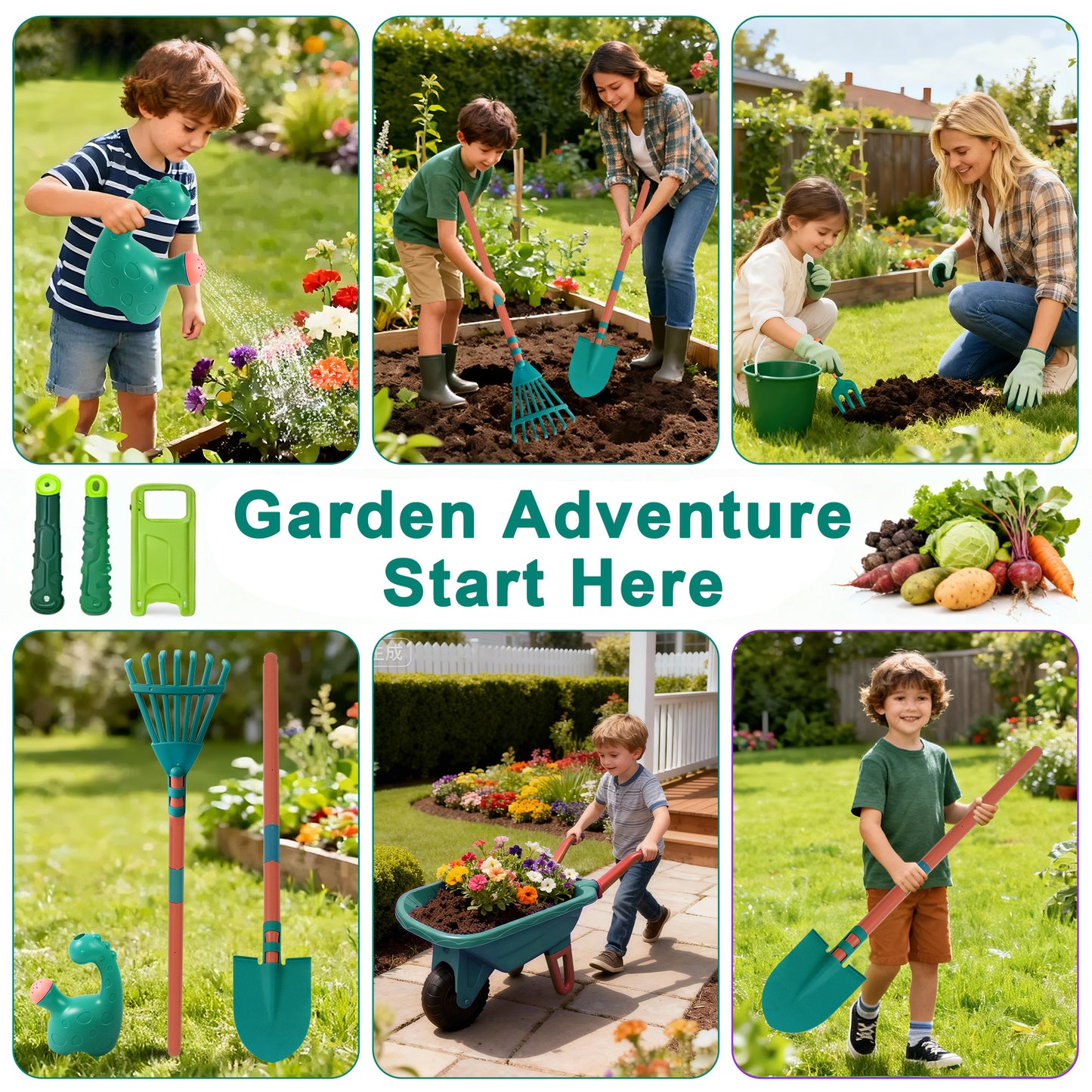 SaveJoy Kids Gardening Tools Set,Toddler Garden Outdoor Toys,Kids Wheelbarrow with Watering Can,Shovel,Rake,Hoe,outdoor toys for kids Age 4-8,Green