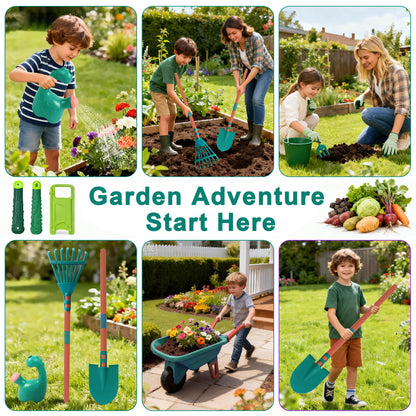 SaveJoy Kids Gardening Tools Set,Toddler Garden Outdoor Toys,Kids Wheelbarrow with Watering Can,Shovel,Rake,Hoe,outdoor toys for kids Age 4-8,Green