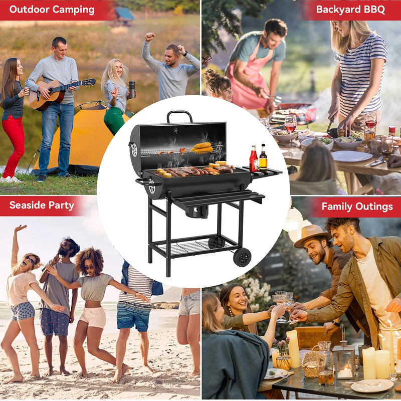 ORFELD Barbecue Grill Portable Charcoal Grill with 2 Foldable Side Tables, Outdoor BBQ with Bottom Storage Shelf