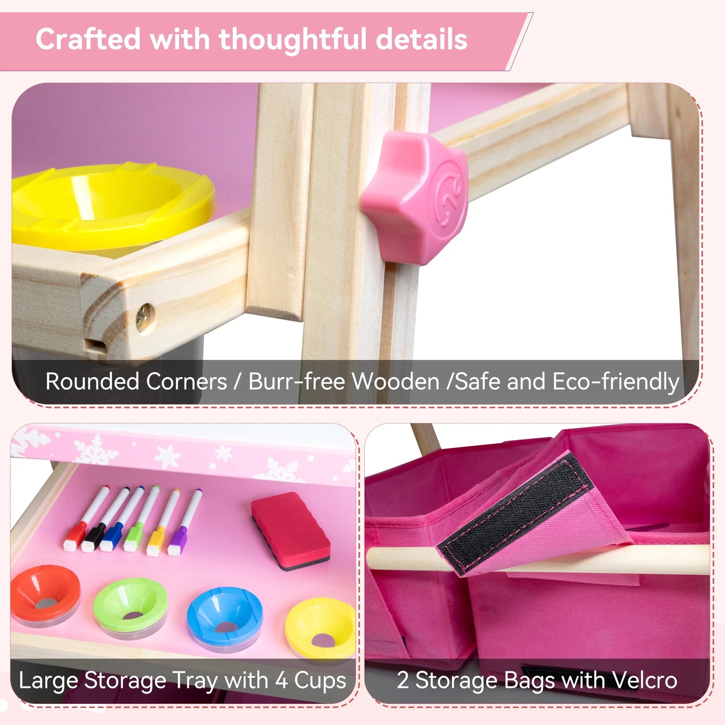 SaveJoy 3-in-1 Wooden Double Sided Kids Art Easel,Magnetic Whiteboard, Chalkboard and Paper Roll,Adjustable Standing Drawing Board with Accessories for Boys & Girls，Pink