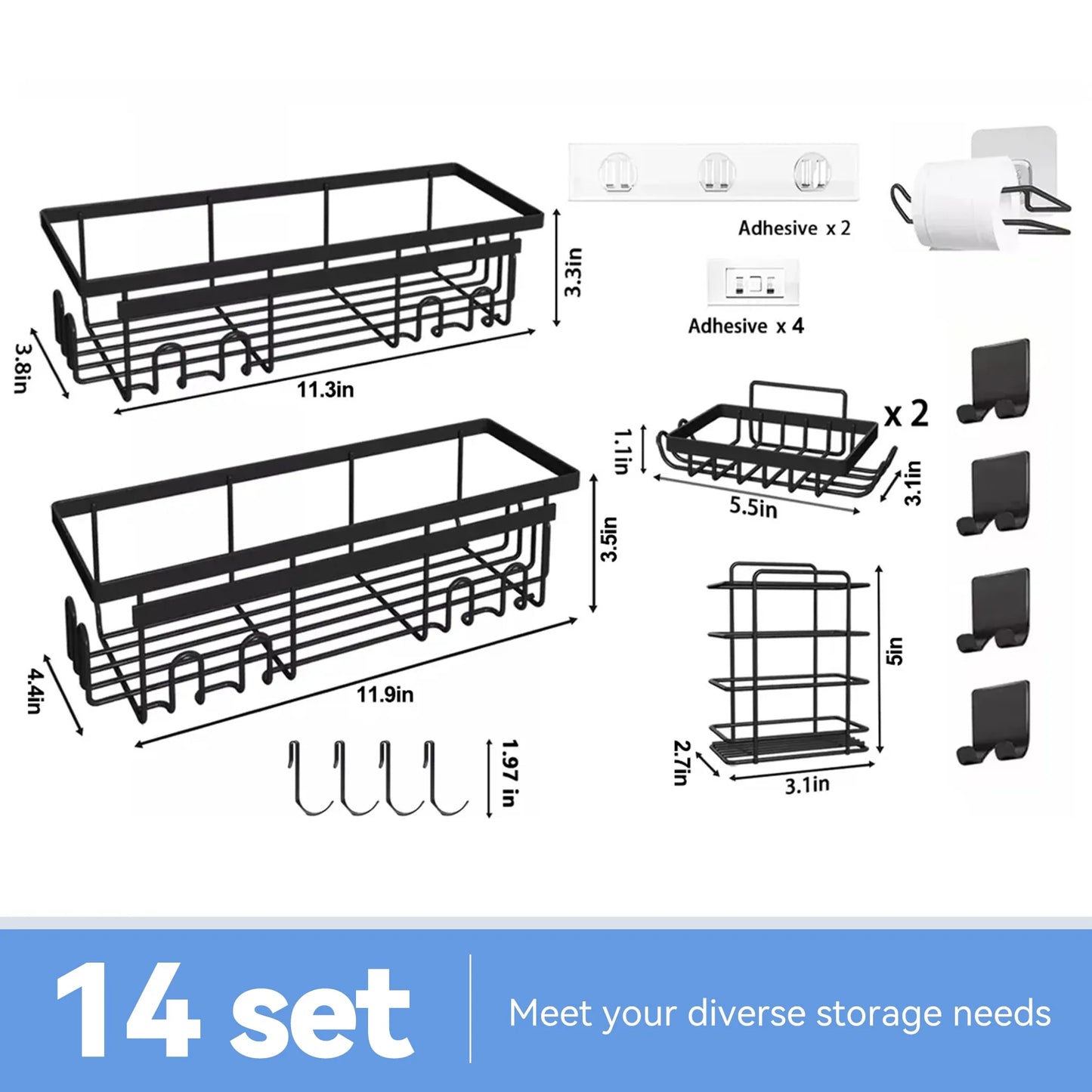 Orfeld 14 Pack Large Capacity Shower Caddy with 4 Hooks, Rustproof Bathroom Organizers for Inside Shower,No Drilling for Bathroom Storage,Rack black