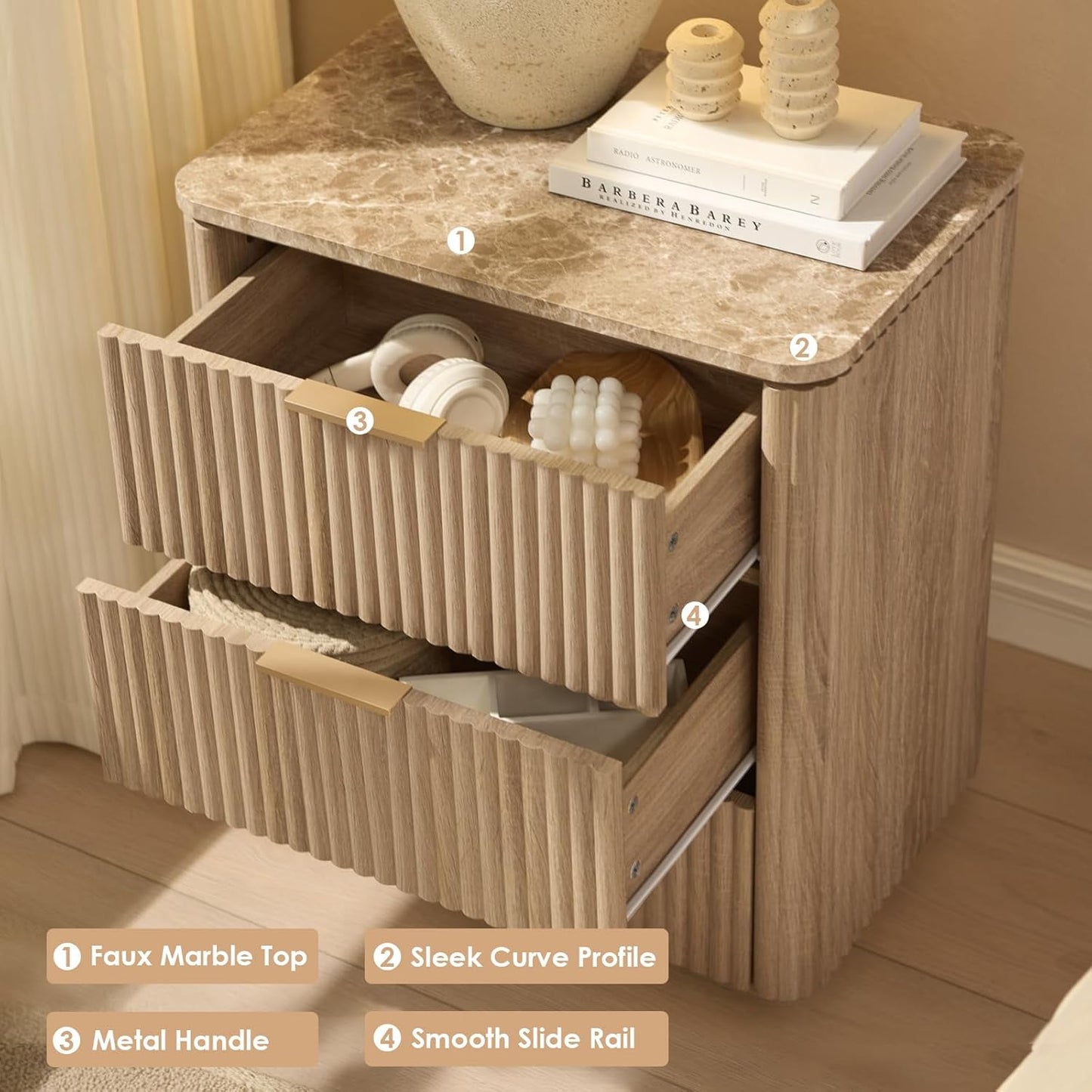 Hvoonc Fluted Nightstand with 3 Drawers, Solid Wood & Faux Marble Bedside Table, Modern Accent Furniture for Bedroom, Natural Oak