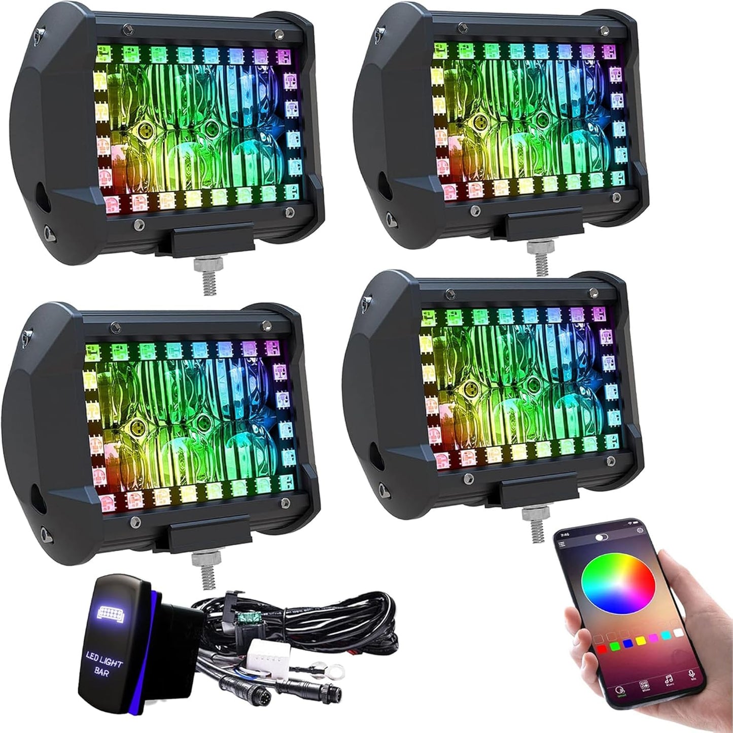 4" inch LED Pods Flood Work Light Bar with Multi-Color Chasing RGB Halo 16 Solid Colors Over 92 Flashing Modes Offroad Pods Lights LED Driving Lamp Fog Lights with Switch Wiring Harness