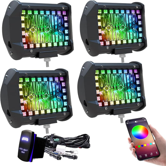 4" inch LED Pods Flood Work Light Bar with Multi-Color Chasing RGB Halo 16 Solid Colors Over 92 Flashing Modes Offroad Pods Lights LED Driving Lamp Fog Lights with Switch Wiring Harness