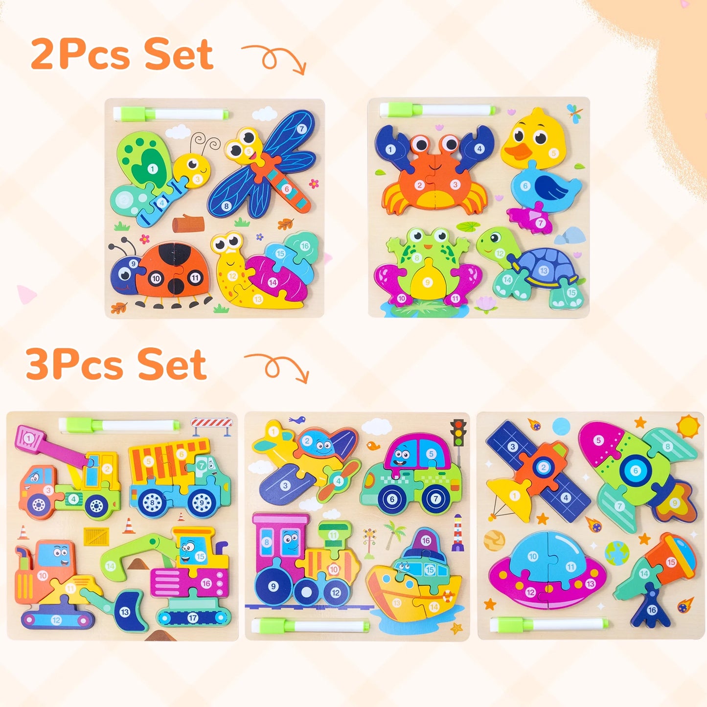 SaveJoy Wooden Animal Jigsaw Puzzle Set - 3D Smooth Surface, Rich Colors,with Drawing Board for Kids' Early Learning & Fun,3Pcs